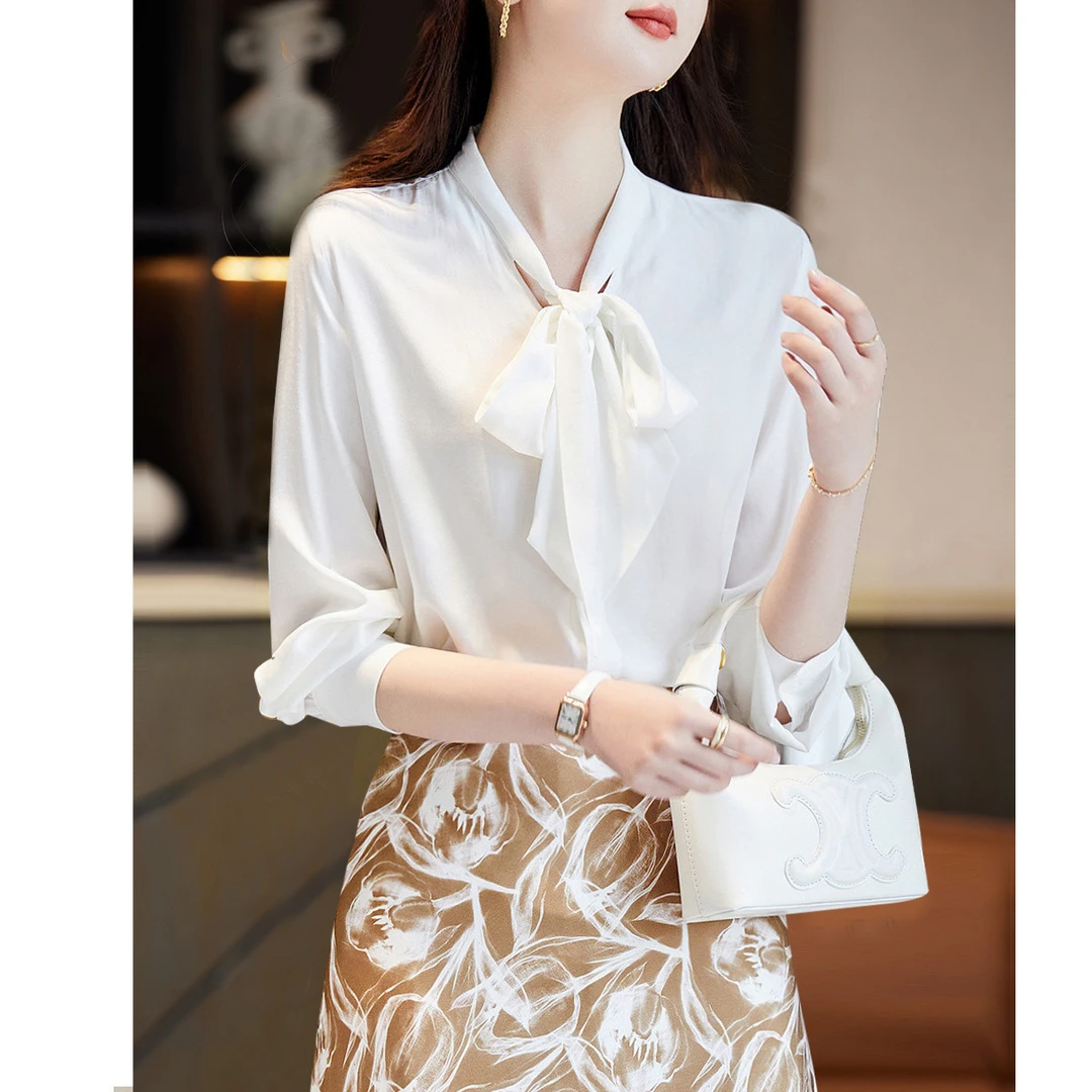 【小云总专属】德·玛纳英伦风千鸟格系带衬衫通勤V领直筒长袖衬衣