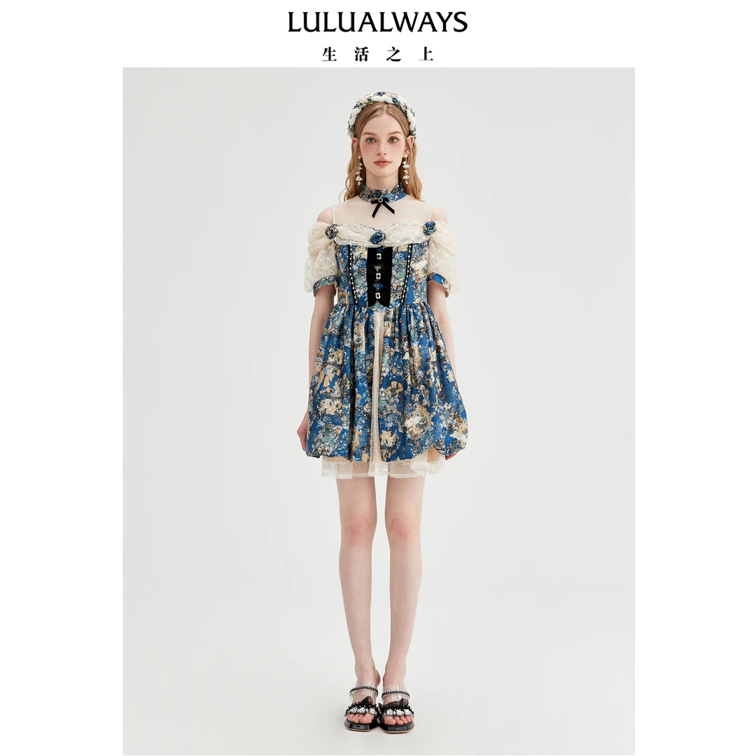 LULUALWAYS【商场同款】25夏季新款洛丽塔复古宫廷甜美立领连衣裙