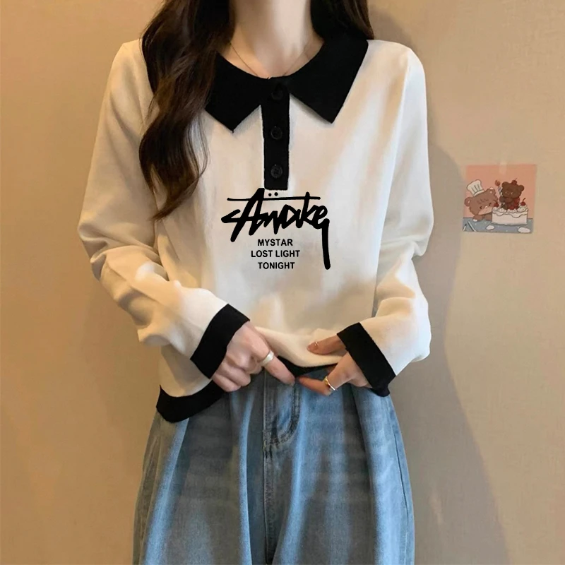 正肩Polo领T恤秋复古简约款百搭宽松短款撞色上衣内搭长袖打底衫