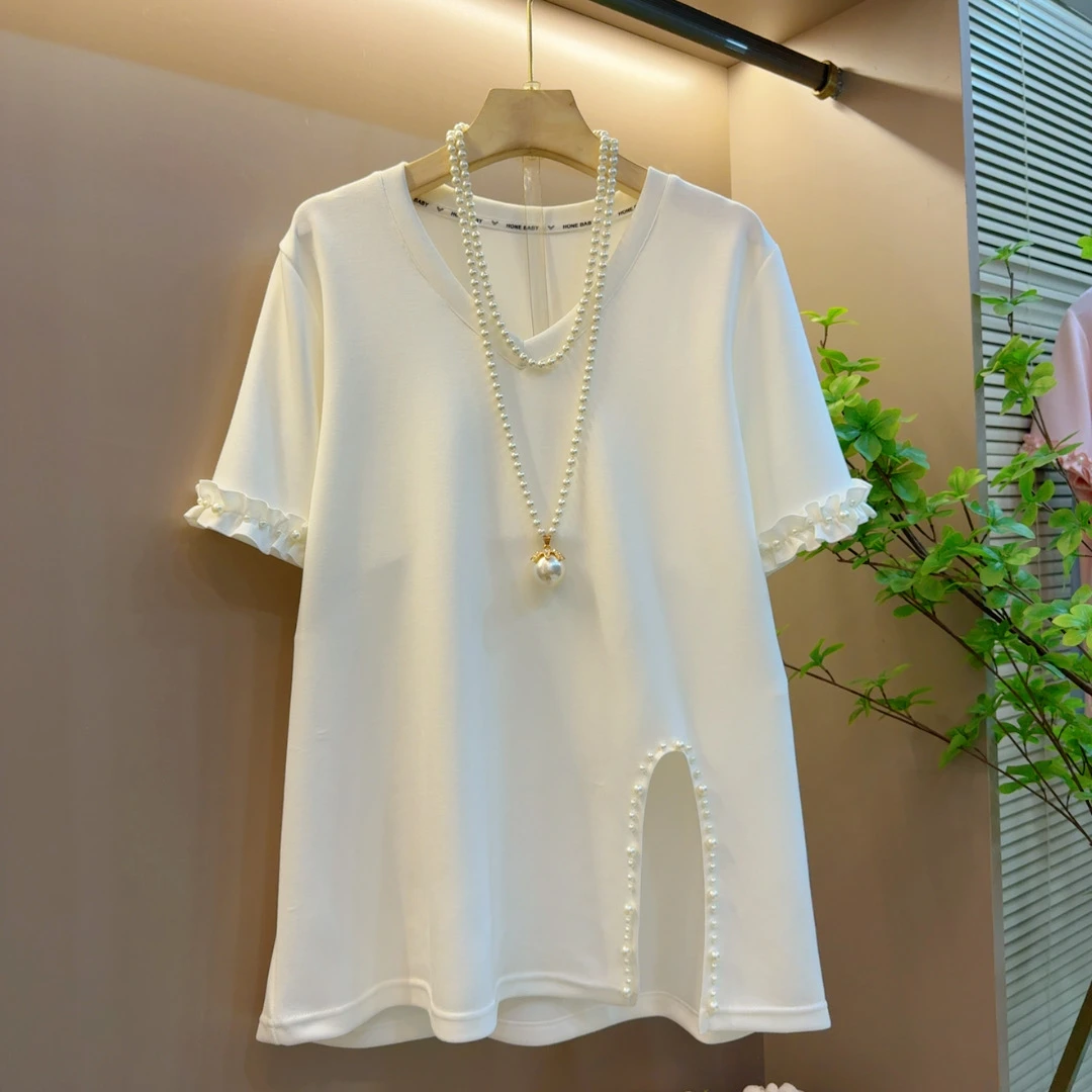 气质胖MM重工V领珍珠开叉百搭短袖上衣（长左右）