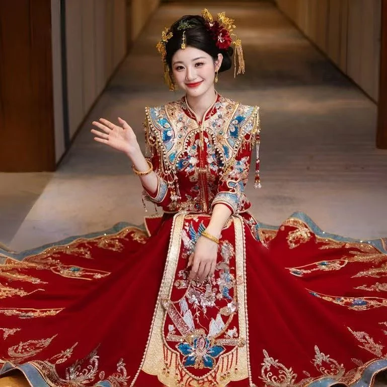 丝绒秀禾服2025新款重工新娘敬酒中式嫁衣结婚礼服婚服出阁两件套