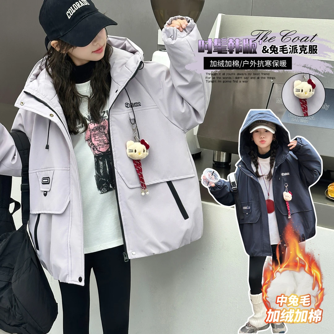 送吊坠女童秋冬加绒加厚派克服中大童女孩网红棉衣保暖棉服外套潮