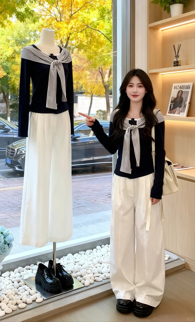 2025秋季新款韩系一字肩假两件上衣搭配白色休闲裤气质显瘦两件套