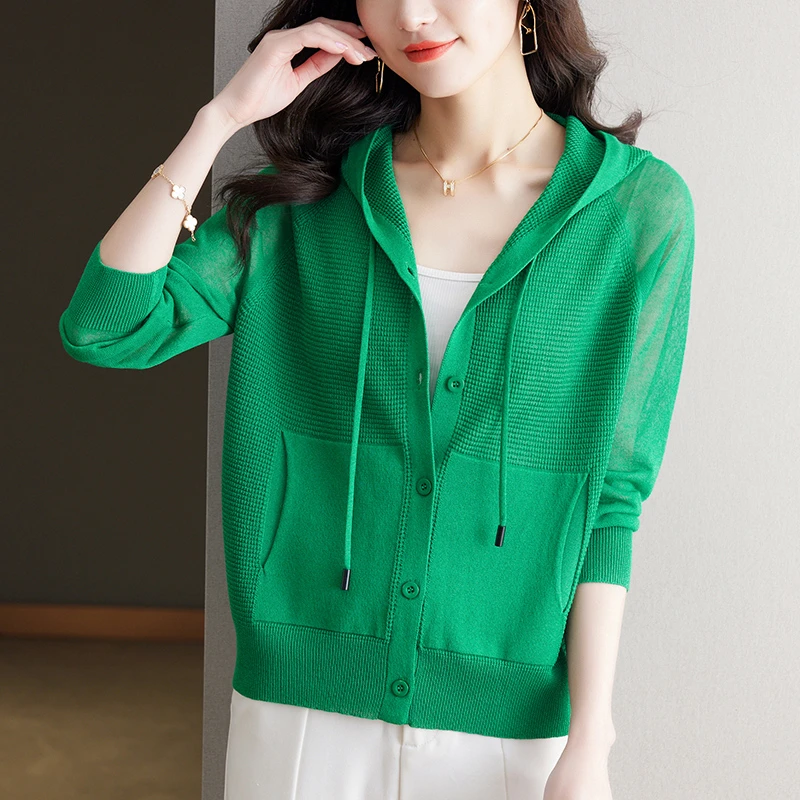 大码胖mm宽松显瘦外套2025年新款连帽冰丝针织开衫薄款夏季空调衫