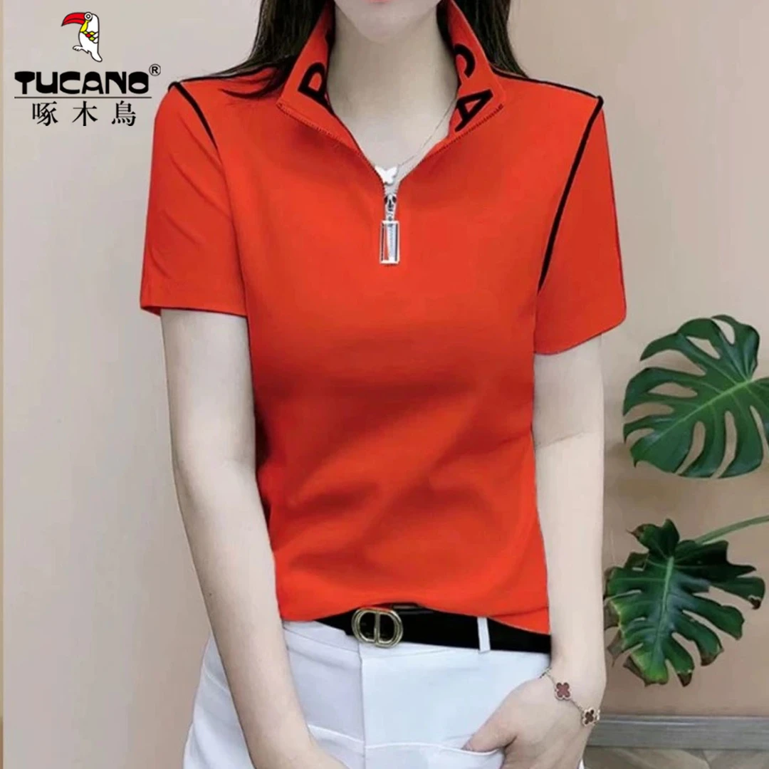 啄木鸟~夏季新款妈妈装半拉链翻领短袖上衣女洋气休闲减龄显瘦T恤