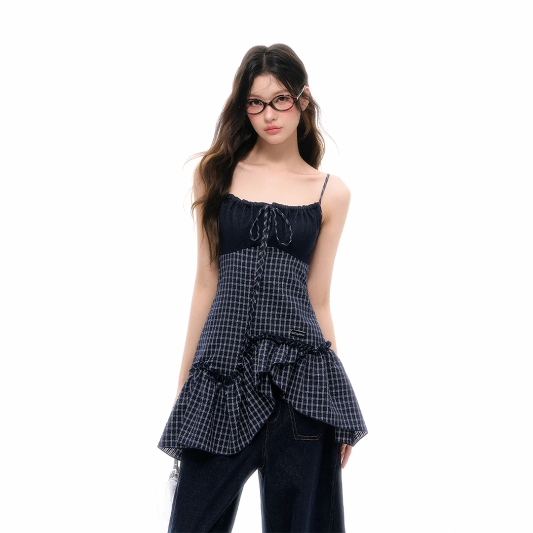 【达人专属】CyNi夏季新款牛仔拼接吊带裙