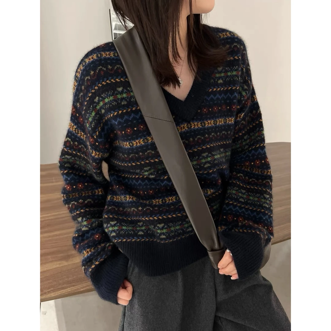 V领复古民族风」显瘦百搭不挑人！加厚韩版宽松针织毛衣女秋冬新款