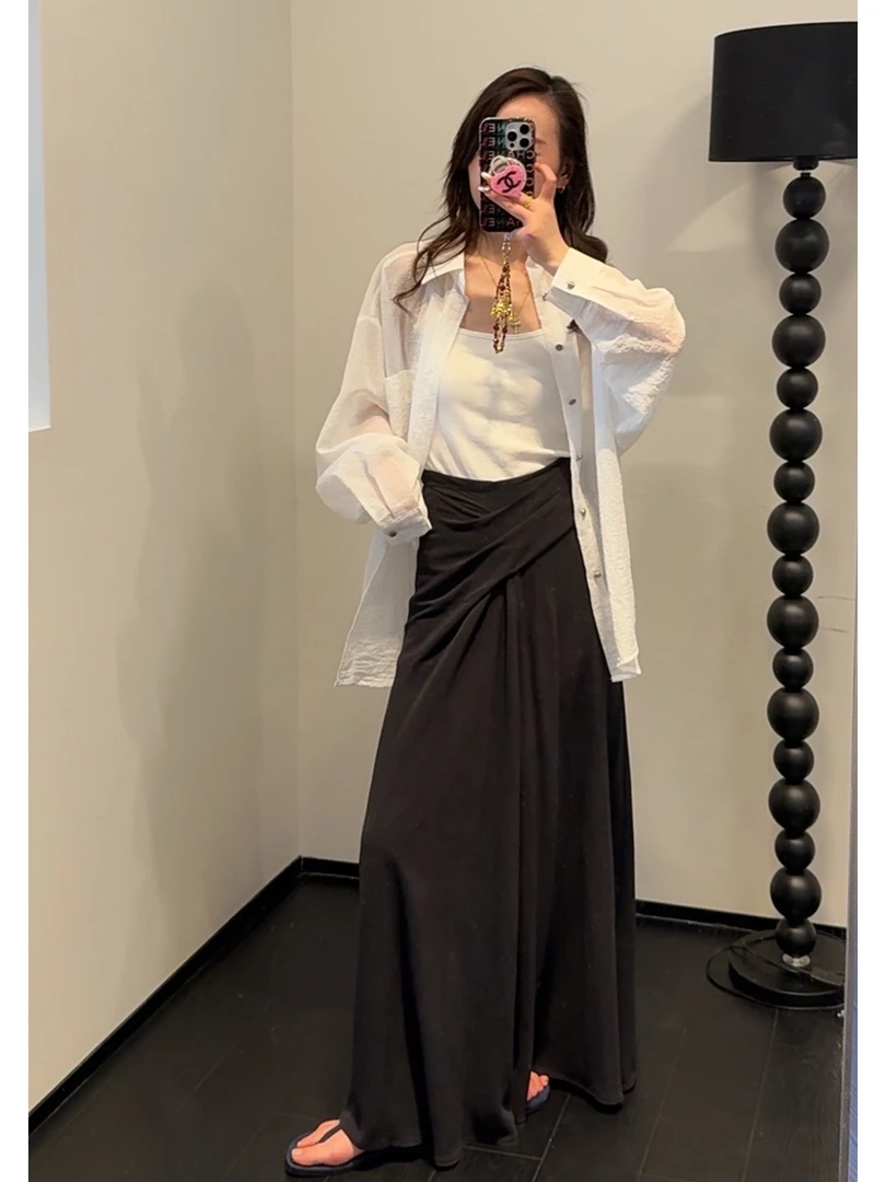 曼姐【暗条纹衬衫】慵懒风休闲暗条纹防晒衬衫中长款宽松长袖空调衫