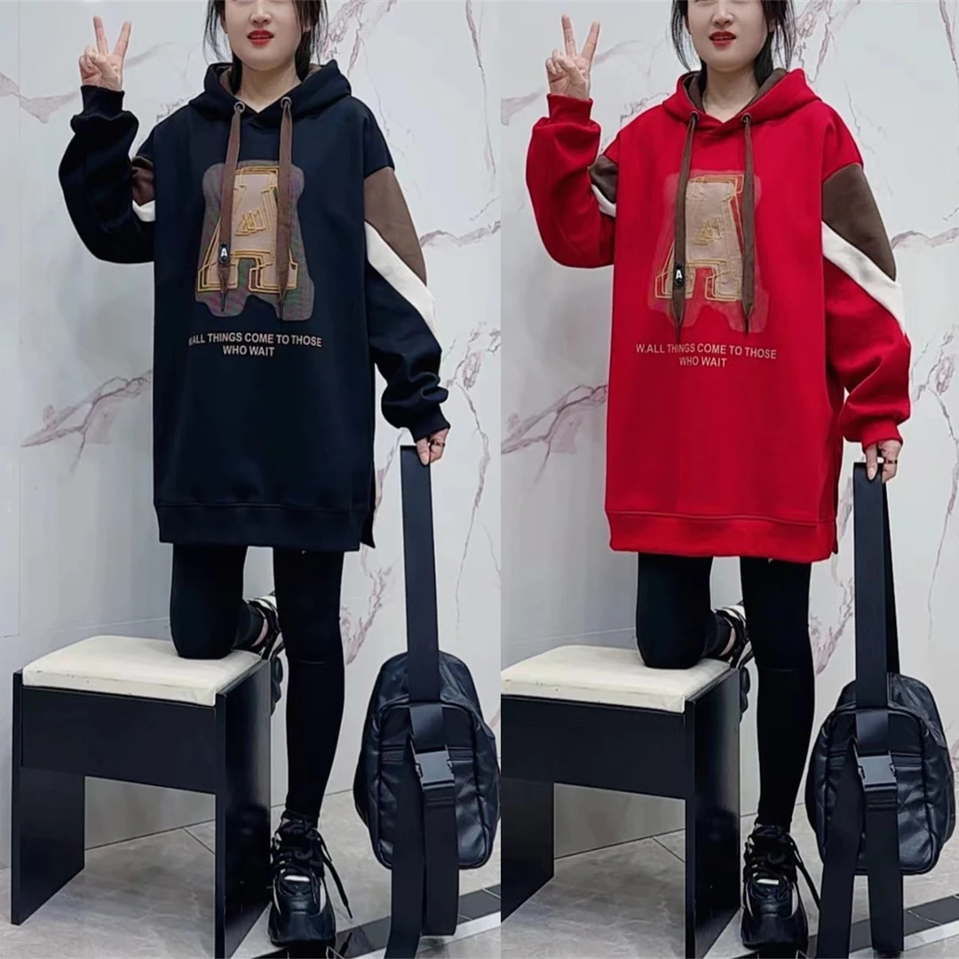 春季新款减龄时尚百搭A字母中长款韩版宽松休闲加绒圆领卫衣