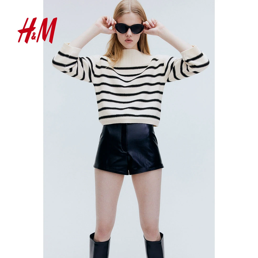 HM女装毛针织衫2025春季新款时尚一字领简约长袖船领毛衣1264240