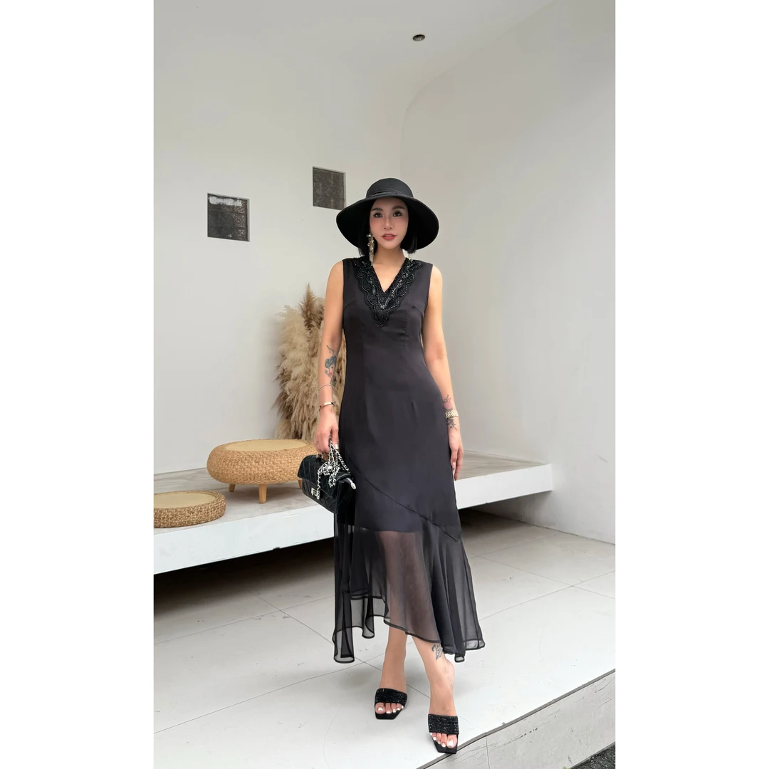 SONG-原创【连衣裙-墨尔午夜】新款重工定制拼接网纱显瘦气质吊带