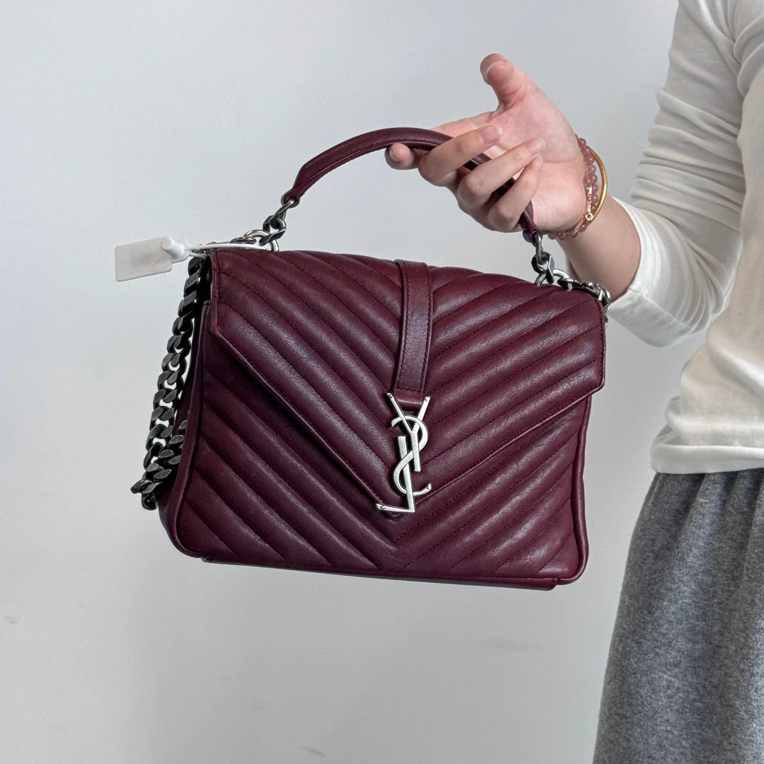95新 YSL/圣罗兰 ysl酒红色经典v纹银链邮差包
