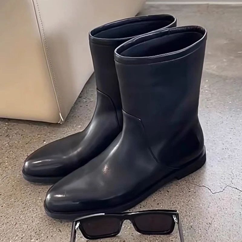 真皮圆头中筒西部靴百搭女平底显瘦复古骑士黑色靴子套筒马丁靴潮