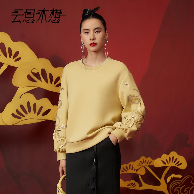 Ysimo-X云思木想 落花白蛇 空绣+烧花片圆领长袖柔软卫衣12745