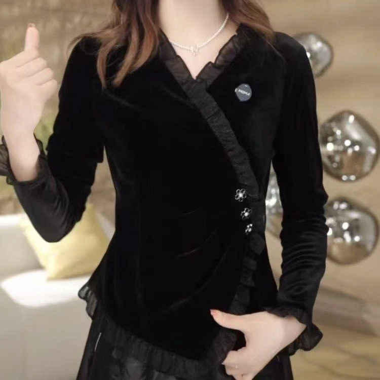 高端轻奢丝绒交叉V领花边洋气长袖T恤上衣女气质百搭显瘦打底小衫