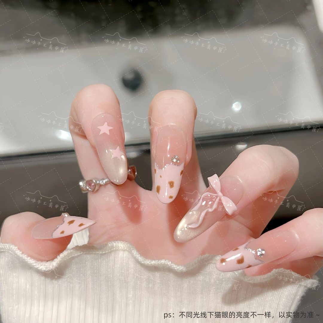 【奶油小豹】豹纹蝴蝶结星星手工显白法式美甲夏日新款穿戴甲