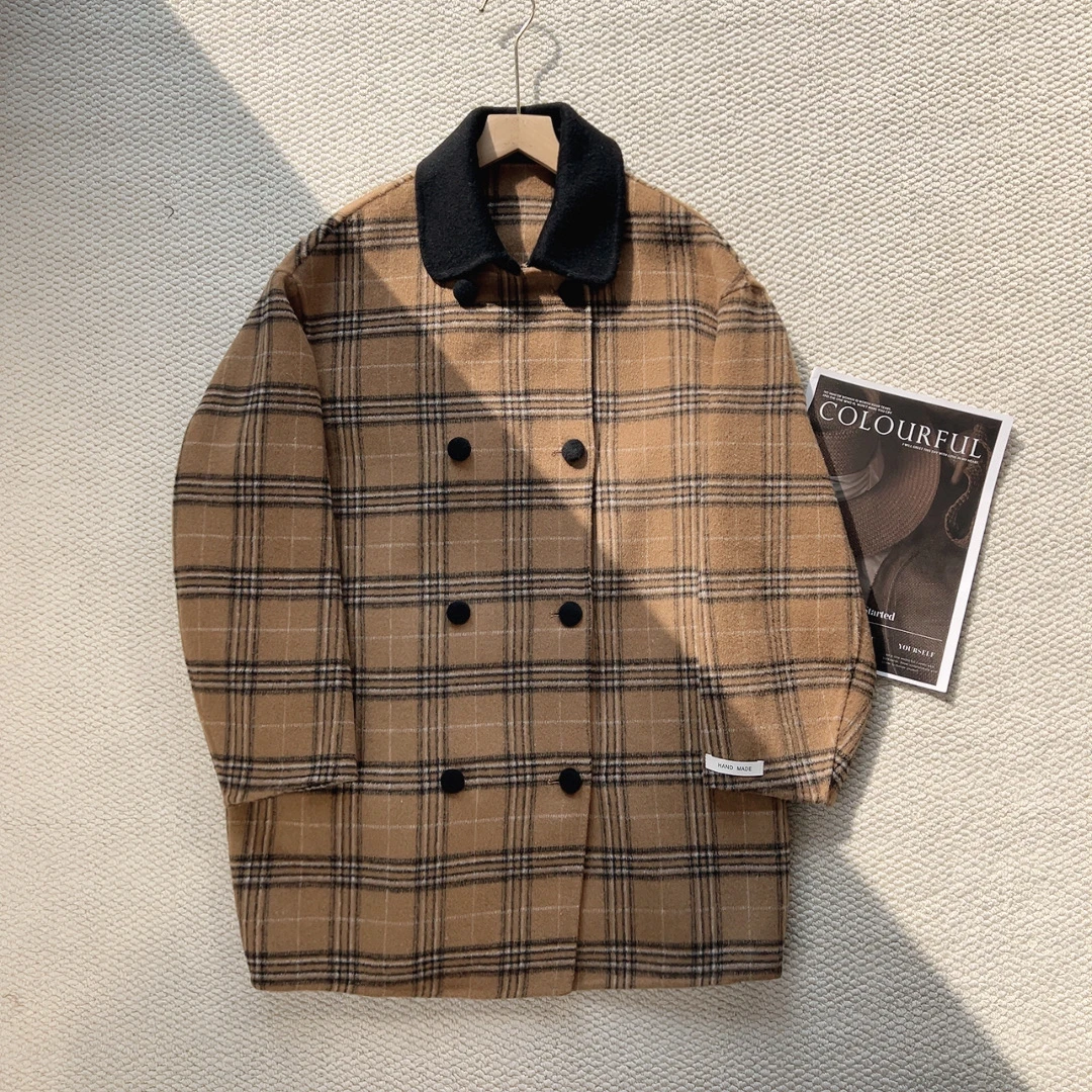 QC 242385 中长款格子羊毛外套双排扣时尚洋气长袖