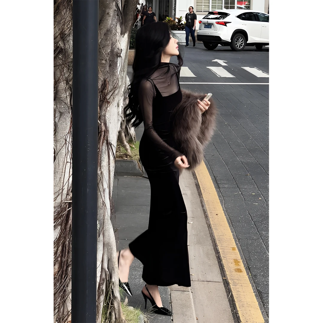 法式气质裙子秋冬款高级感绝美长裙赫本风高端黑色丝绒连衣裙女装