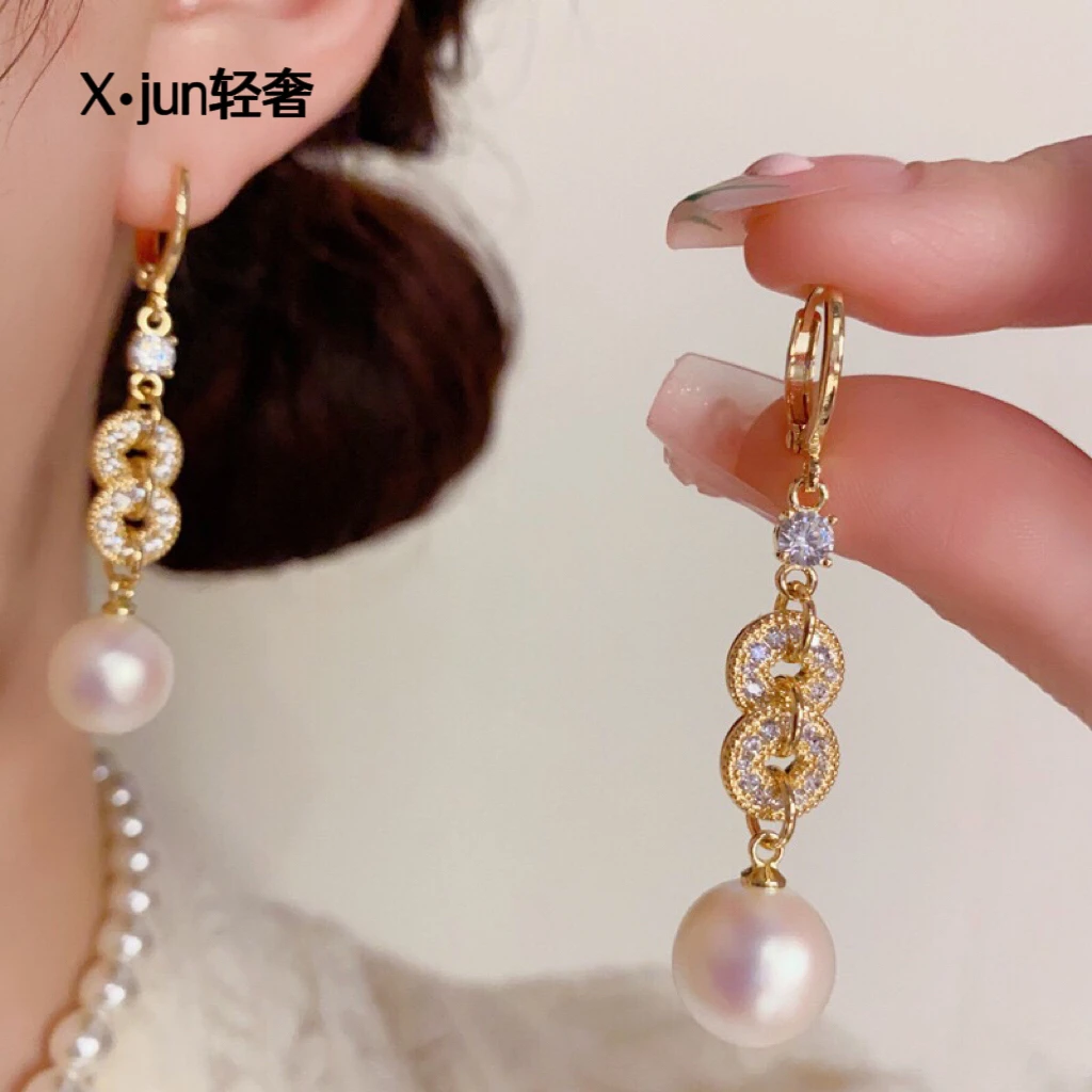 铜合金耳饰 复古轻奢时尚高级锆石铜钱珍珠流苏耳坠独特设计耳扣
