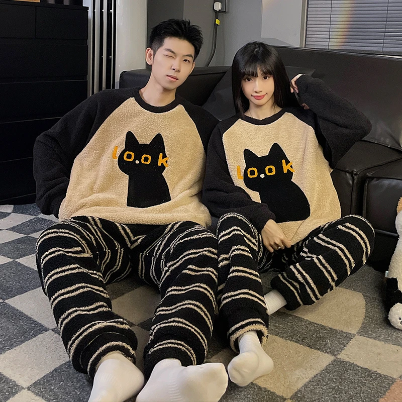 半边绒情侣睡衣女冬季珊瑚绒加厚加绒卡通男士套头保暖家居服套装