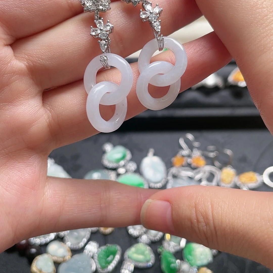 翡翠银S925镶嵌颈饰耳环