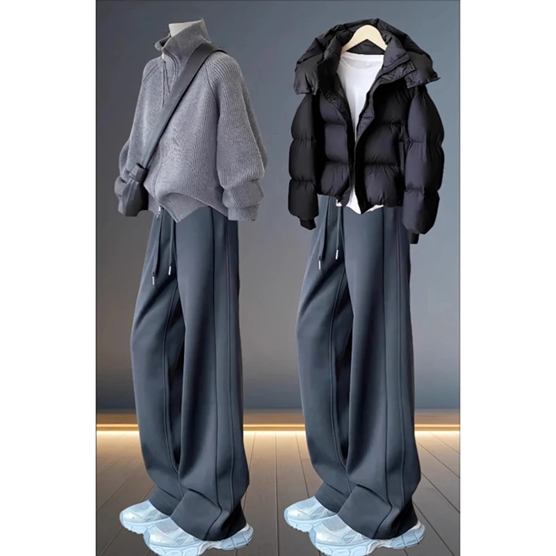 大码直筒阔腿休闲裤女秋季梨形身材高腰宽松显瘦垂感百搭运动卫裤