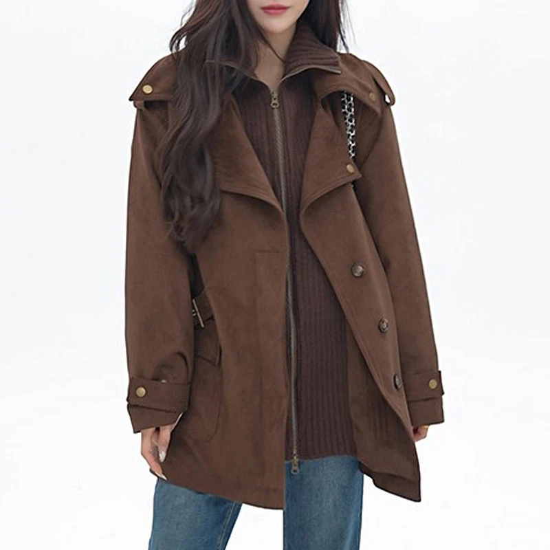 2025新款拼接加厚立领风衣女士宽松廓形收腰中长款棉服女冬季大衣