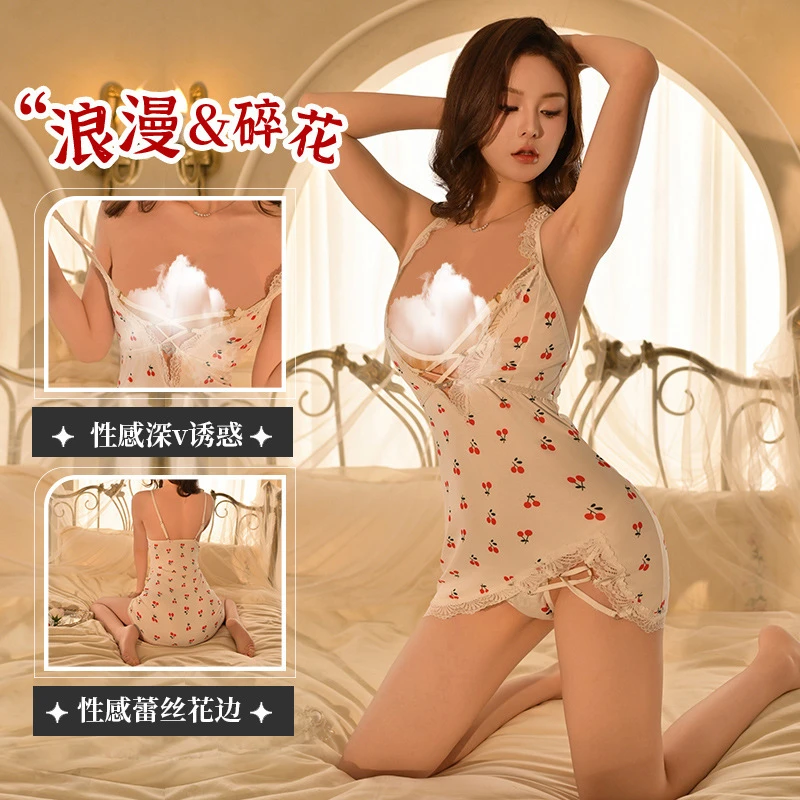 QQNY性感蕾丝睡裙免脱镂空无袖五分裤性感印花短睡裙家居服ins风G