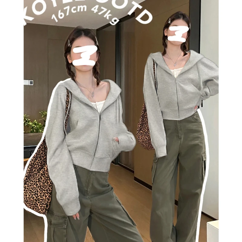 灰色短款卫衣女拉链连帽外套2025秋冬宽松休闲美式外穿长袖上衣服