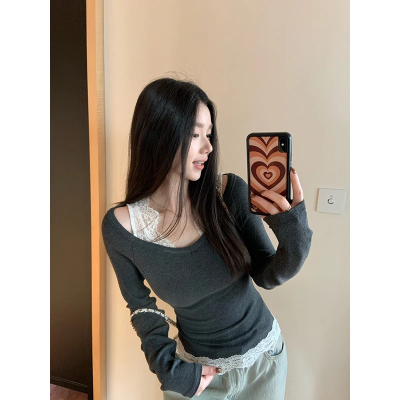 YOKLASS少女家 【清清】深灰色蕾丝一字领显瘦长袖针织衫 Z29786S51