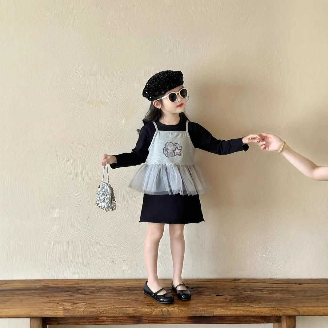 女童韩版吊带打底衫套装2025春秋新款儿童网纱上衣中长款T恤套装