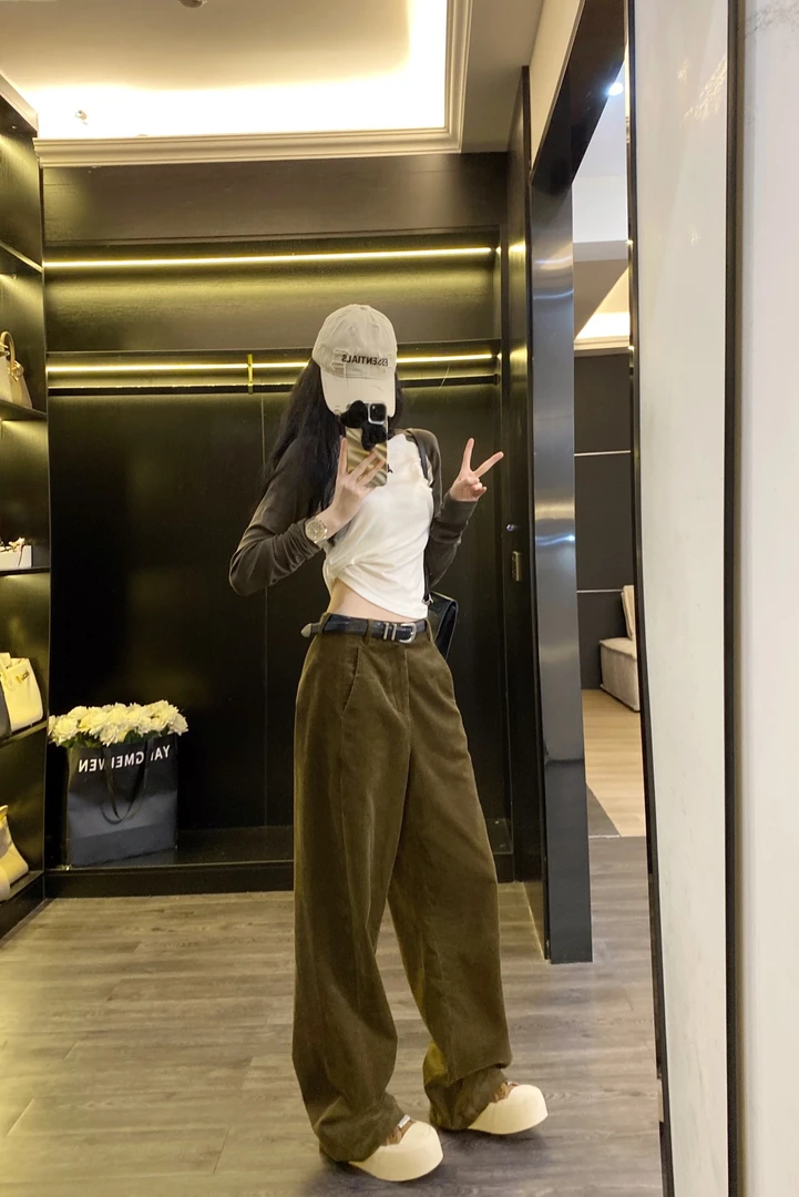 大范K452-复古设计感粗条灯芯绒三色直筒裤高腰阔腿裤子