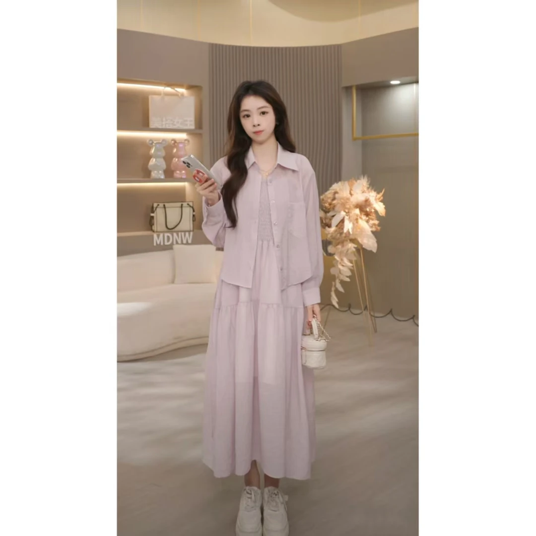 时髦气质套装女夏季新款慵懒度假防晒衬衫中长吊带裙两件套TZ2127