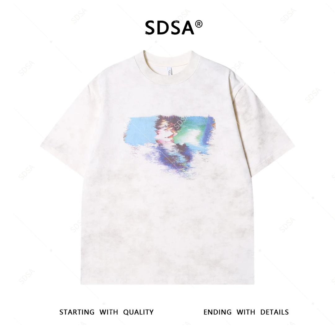 夏季高级感新款男士潮牌模糊炫彩印花设计短袖T恤满天星圆领上衣