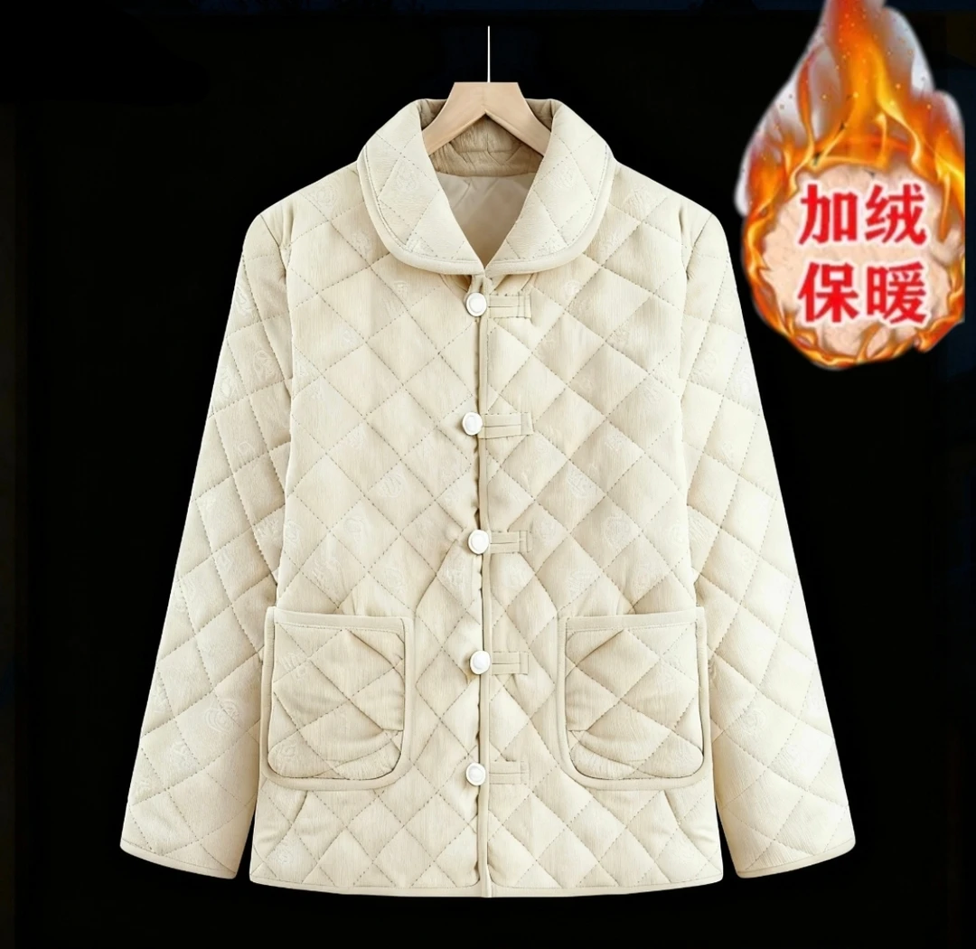 秋冬季高档翻领女士加绒保暖休闲时尚棉服外套百搭气质棉衣