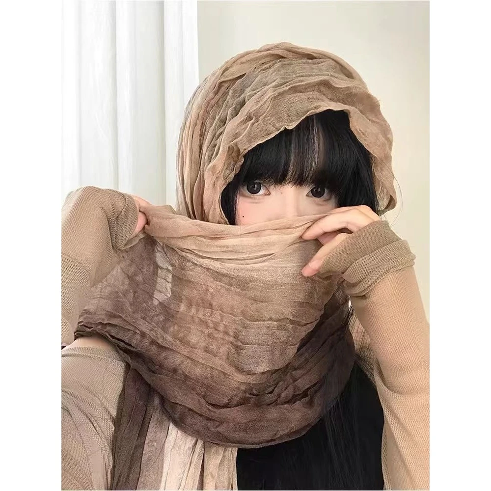 民族风围巾废土风亚麻褶皱渐变头巾沙漠丝巾凹造型辣妹围脖披肩潮