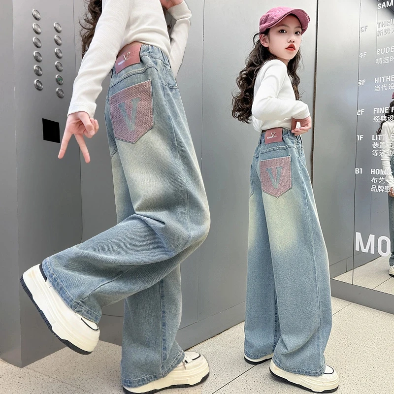 女童牛仔裤春秋2025新款儿童春季款中大童阔腿裤女童女童牛仔裤子