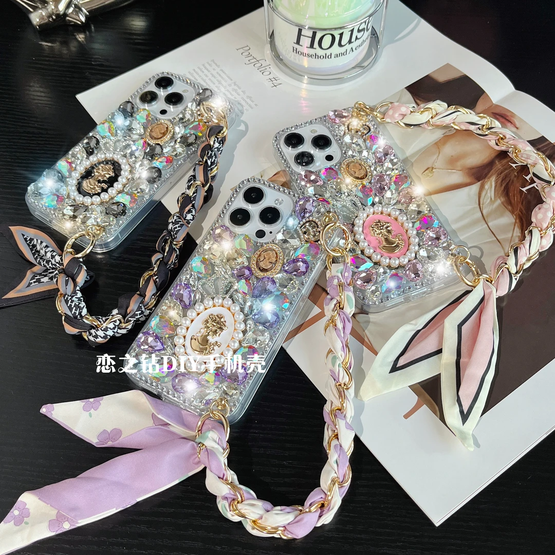 适用苹果16/华为/oppo/vivo手机壳手提丝巾奢华满钻高级感网红