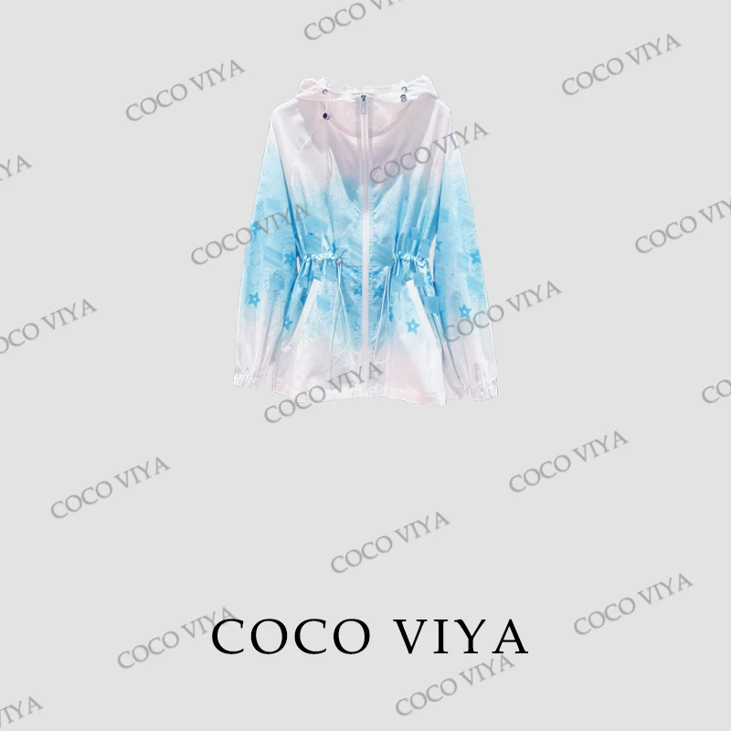 DD COCOVIYA春季新款蓝白渐变休闲抽绳收腰连帽遮阳外套24X075