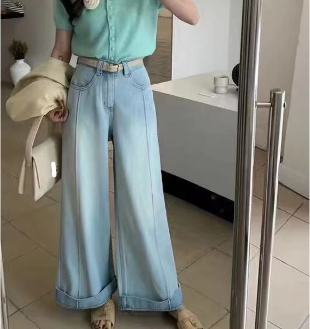 4834号8699#韩系百搭可翻边休闲显瘦阔腿牛仔裤