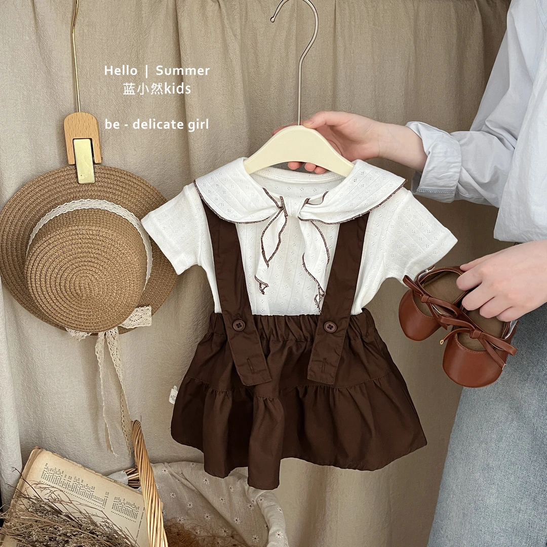 K25X86儿童韩版夏季女宝宝少女感美拉德海军领短袖+背带裙两件套