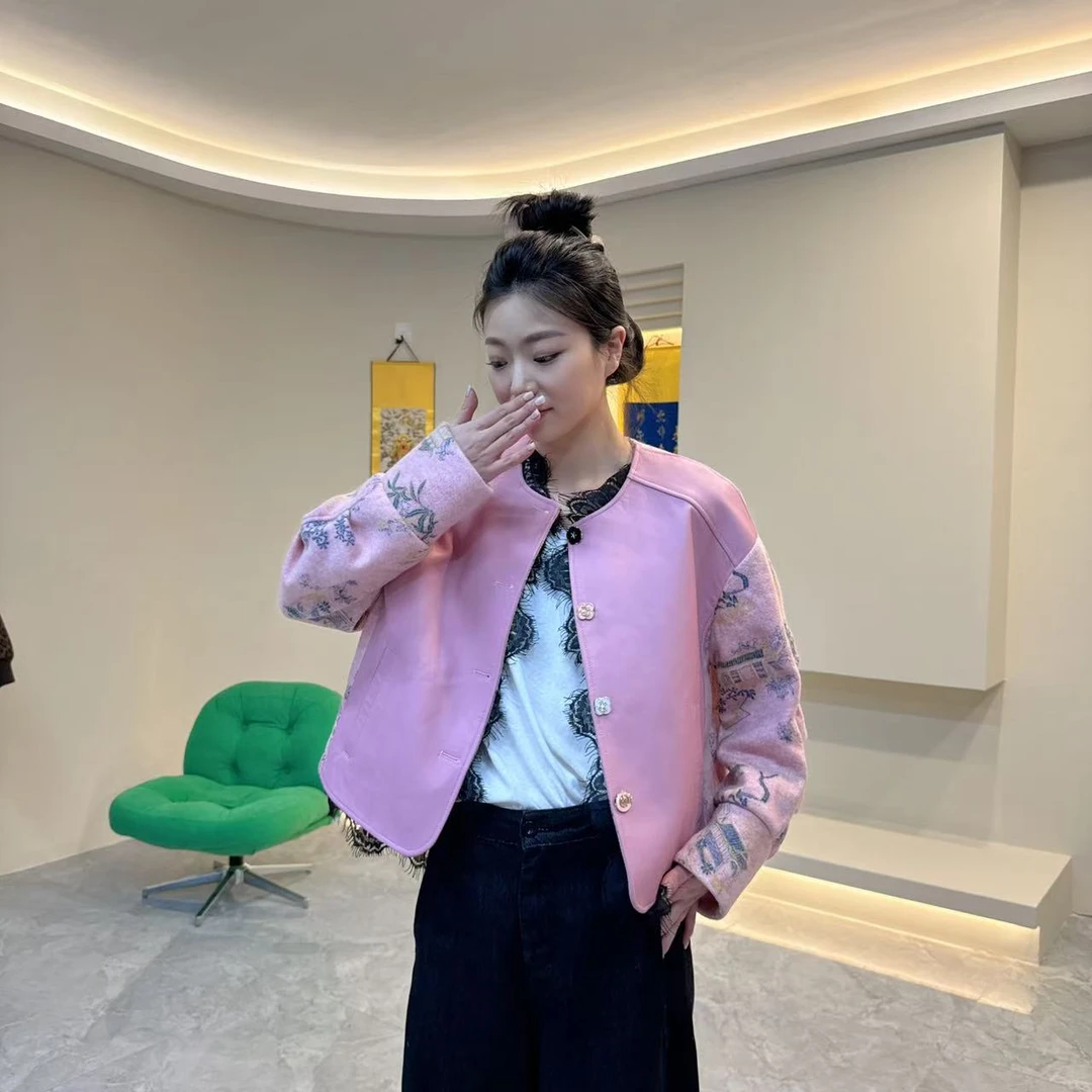 【H.T  FUR】| 蕾丝粉山河 轻奢搭配设计师时尚皮衣外套-99137