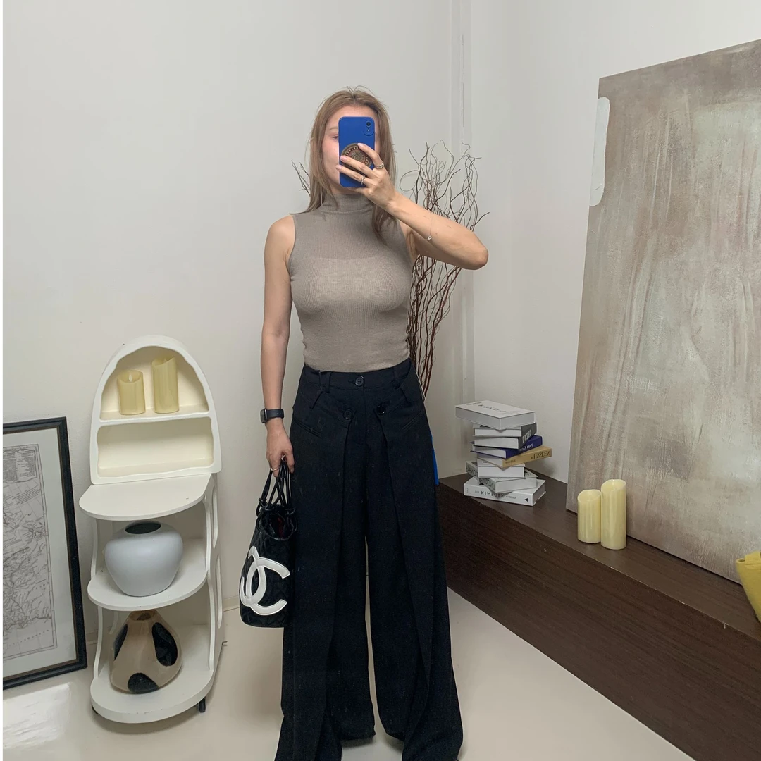 【奥莉】2025春夏:新款小众设计师优雅半高领修身毛织背心打底衫233