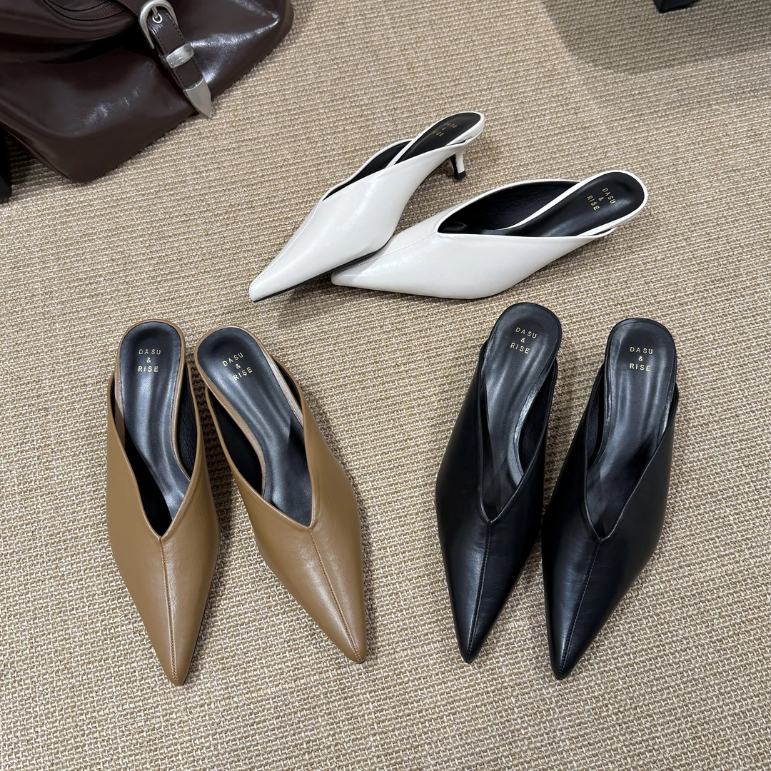 极简显瘦~2025新款尖头小猫跟半拖鞋女外穿百搭细跟穆勒包头拖鞋