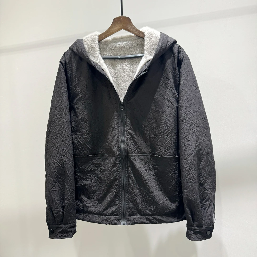 冬季座山雕高级褶皱设计感百搭连帽加绒夹克潮牌宽松抽绳保暖外套