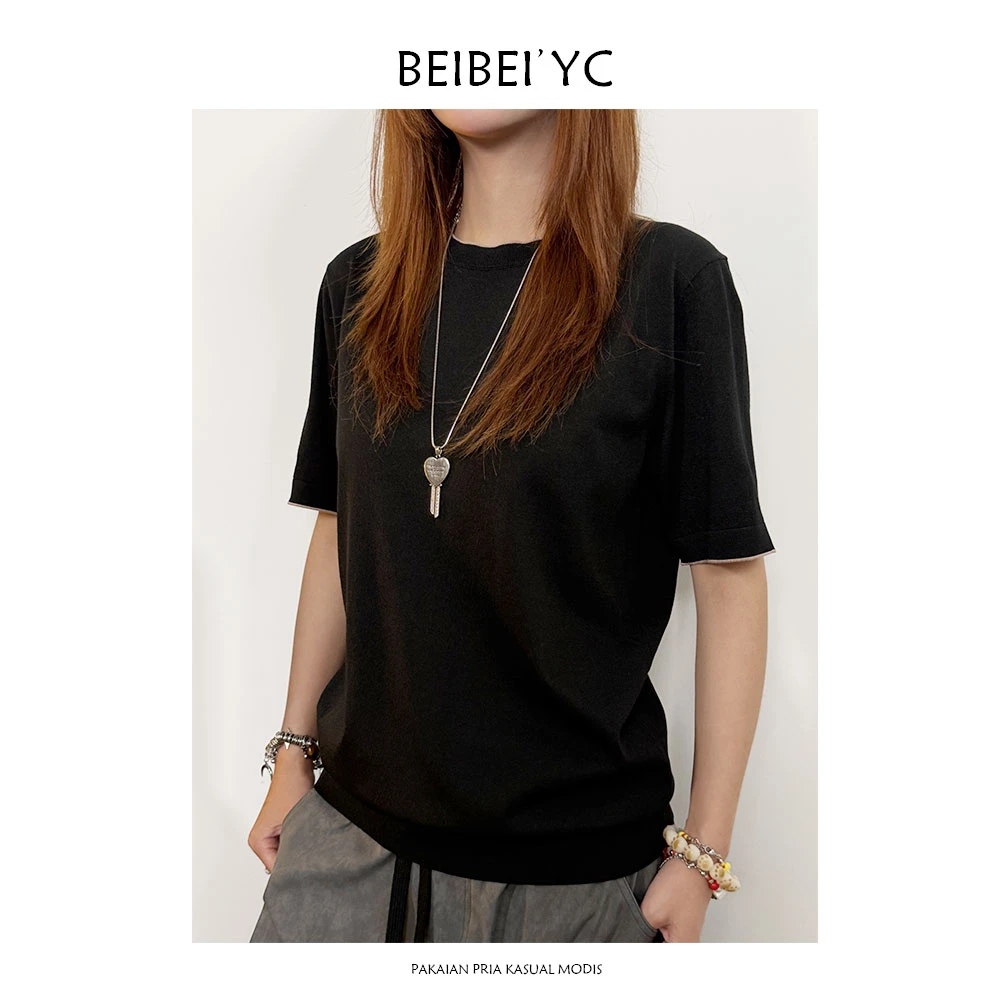 BEIBEI’YC 桑蚕丝圆领T恤男士真丝体恤夏季都市休闲撞色针织短袖