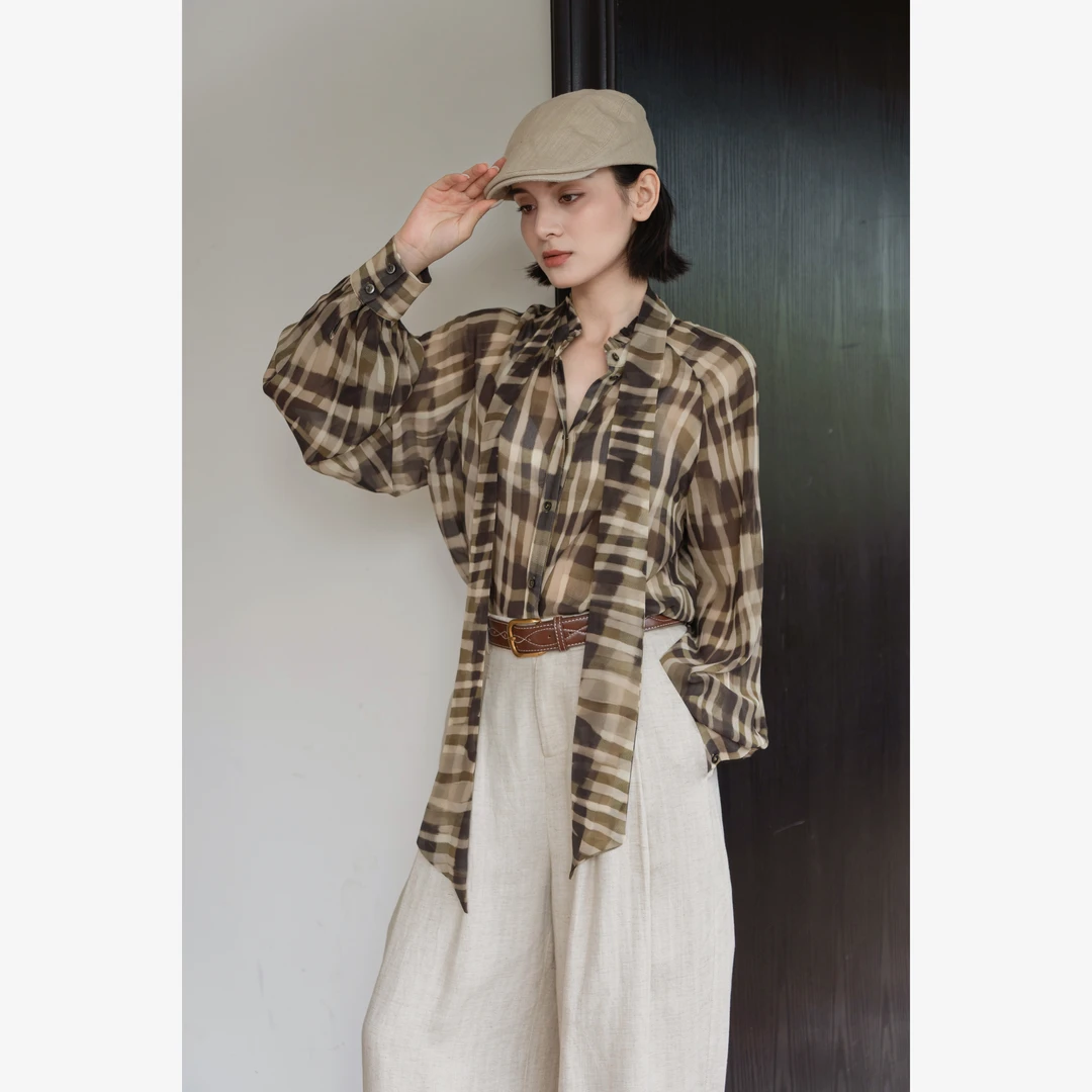 【复古街】几何印花超仙复古港风飘带格子衬衫女新款（裱里）