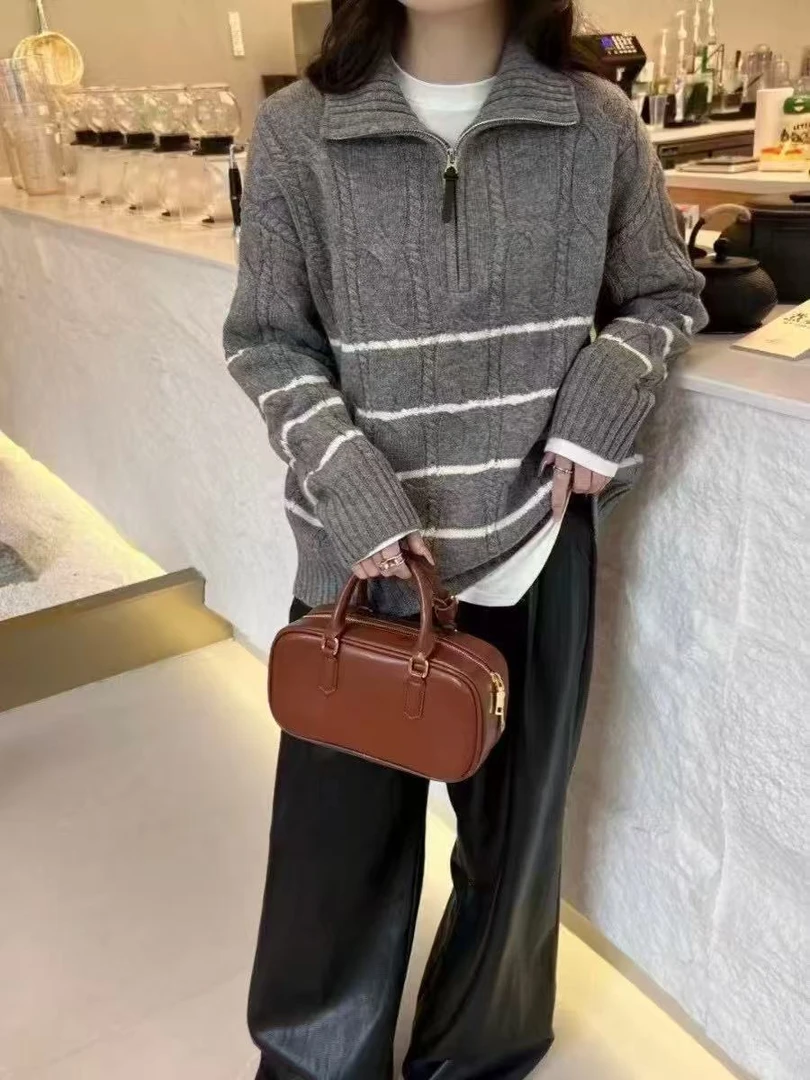 3213【臻炫女装】新款条纹半拉链气质百搭开衫上衣