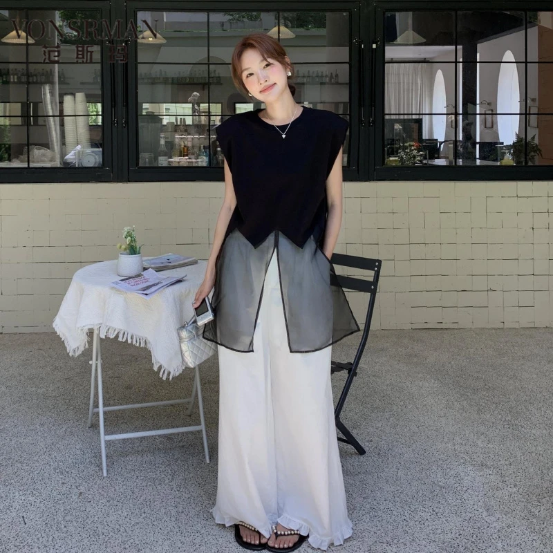 2025夏季新款时尚套装女网纱拼接无袖背心上衣高腰阔腿裤两件套潮