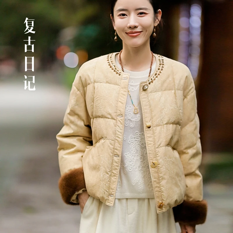 复古日记“晚亭雨”3D水墨晕染手工钉珠丝羊毛水貂鹅绒服2EHR465